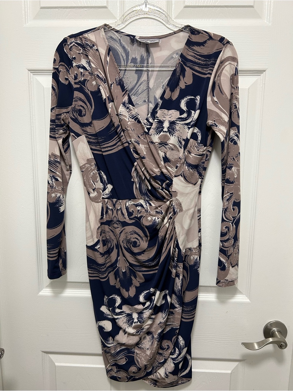 Jennifer Lopez Navy and Taupe Printed Faux-Wrap Long Sleeve Dress